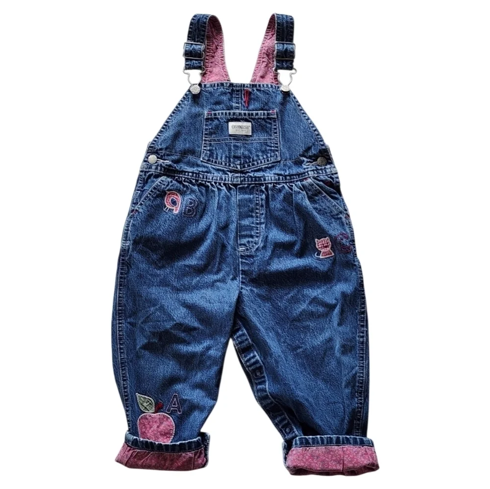 Vintage OshKosh B'gosh 24M Denim Overalls Alphabet Floral Lining 90s